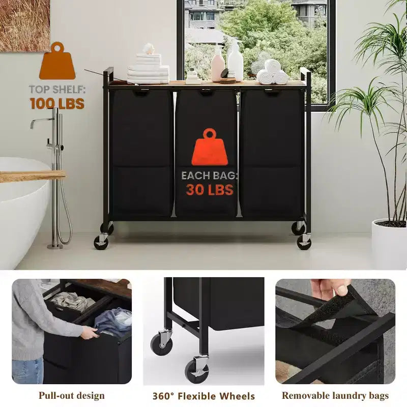 Portabiancheria con Ruote e Sacchi Rimovibili, Carrello Portabiancheria a 3 Scomparti con Ripiano per Camera da Letto Bagno Dormitorio, Cesto Portabiancheria Salvaspazio