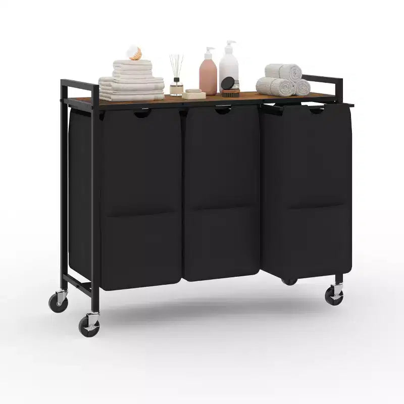 Laundry Sorter with Wheels and Removable Bags, 3-Bin Rolling Storage Cart with Shelf for Bedroom Bathroom Dorm, 33 Space-Saving Hamper