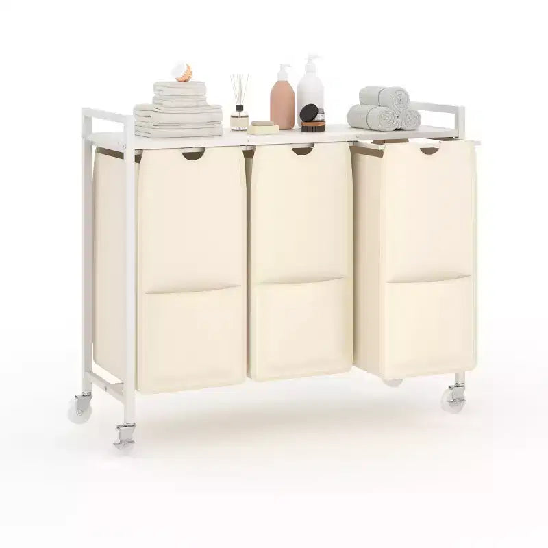 Portabiancheria con Ruote e Sacchi Rimovibili, Carrello Portabiancheria a 3 Scomparti con Ripiano per Camera da Letto Bagno Dormitorio, Cesto Portabiancheria Salvaspazio