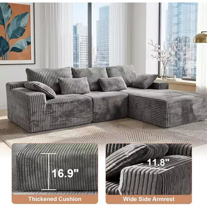 Divano Sezionale Modulare a L da 107,5 Pollici | Velluto a Coste | Chaise Longue | 4 Cuscini | Nessun Assemblaggio | Grigio