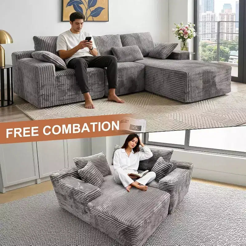 Divano Sezionale Modulare a L da 107,5 Pollici | Velluto a Coste | Chaise Longue | 4 Cuscini | Nessun Assemblaggio | Grigio