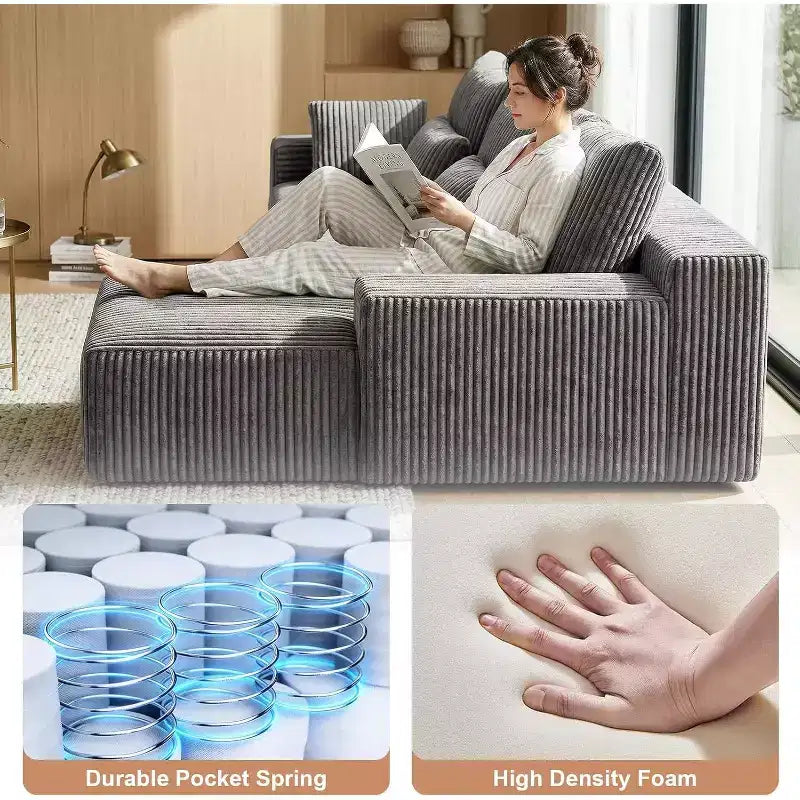 Divano Sezionale Modulare a L da 107,5 Pollici | Velluto a Coste | Chaise Longue | 4 Cuscini | Nessun Assemblaggio | Grigio