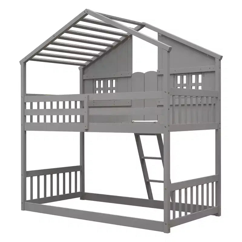 Letto a soppalco a forma di casetta doppia per bambini | Pino massiccio | Ringhiere di protezione e scaletta | Bianco | Non richiede rete a molle