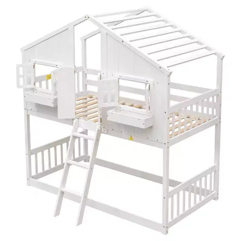 Letto a soppalco a forma di casetta doppia per bambini | Pino massiccio | Ringhiere di protezione e scaletta | Bianco | Non richiede rete a molle