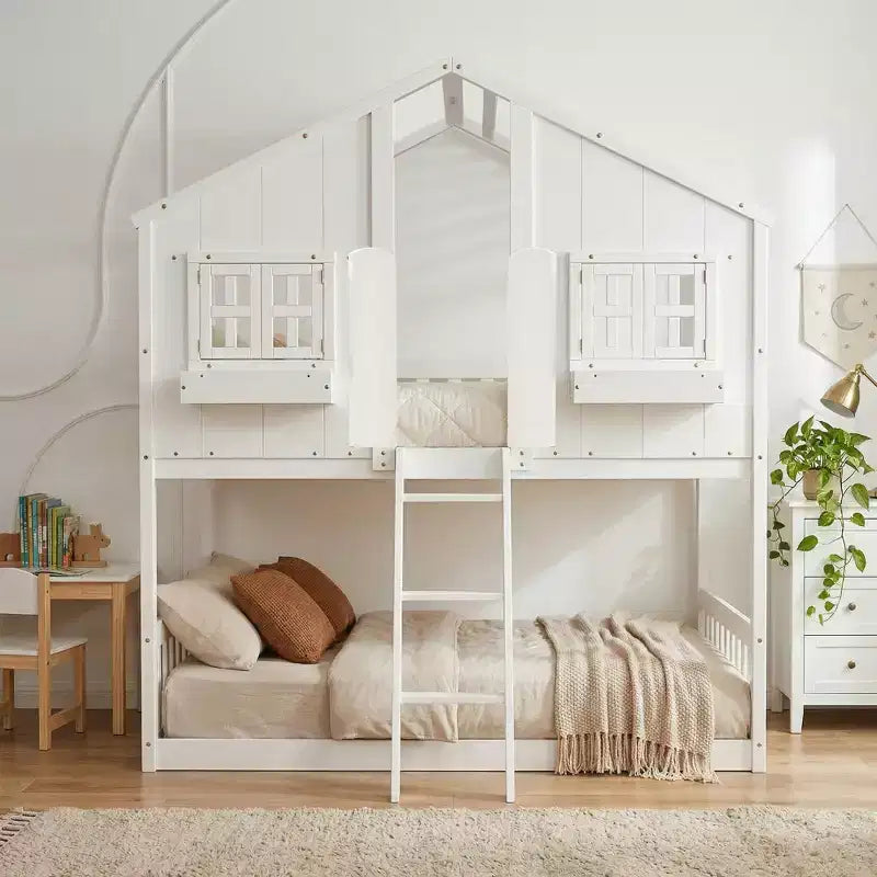 Letto a soppalco a forma di casetta doppia per bambini | Pino massiccio | Ringhiere di protezione e scaletta | Bianco | Non richiede rete a molle