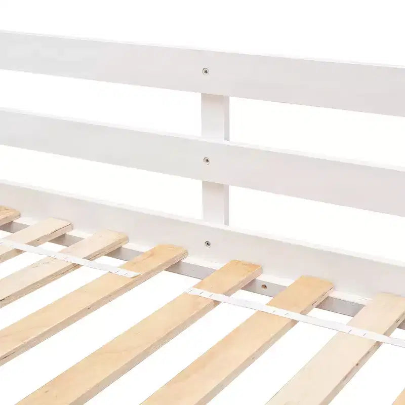 Letto a soppalco a forma di casetta doppia per bambini | Pino massiccio | Ringhiere di protezione e scaletta | Bianco | Non richiede rete a molle