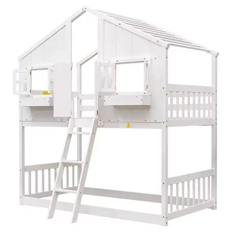 Letto a soppalco a forma di casetta doppia per bambini | Pino massiccio | Ringhiere di protezione e scaletta | Bianco | Non richiede rete a molle
