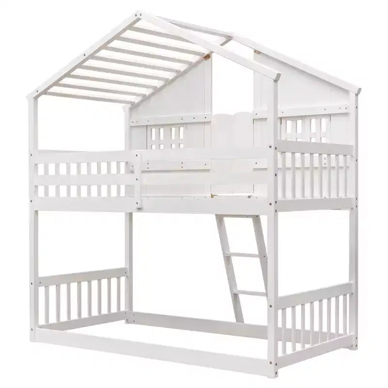 Letto a soppalco a forma di casetta doppia per bambini | Pino massiccio | Ringhiere di protezione e scaletta | Bianco | Non richiede rete a molle