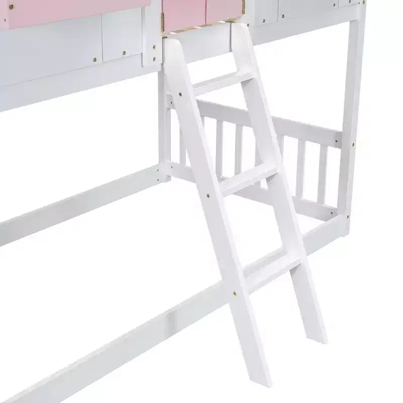 Letto a soppalco a forma di casetta doppia per bambini | Pino massiccio | Ringhiere di protezione e scaletta | Bianco | Non richiede rete a molle