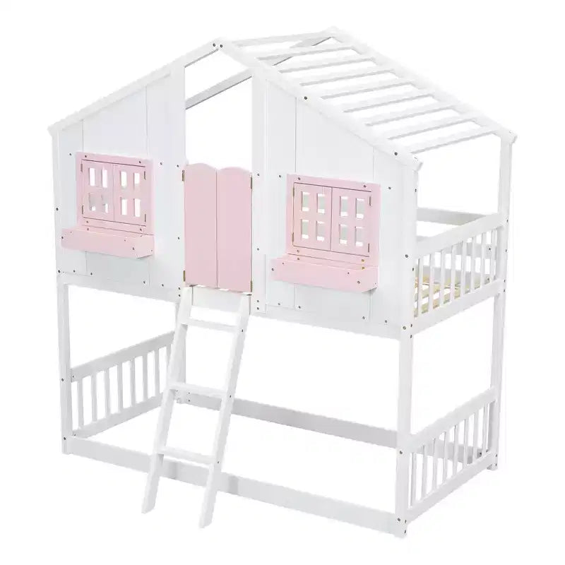 Letto a soppalco a forma di casetta doppia per bambini | Pino massiccio | Ringhiere di protezione e scaletta | Bianco | Non richiede rete a molle