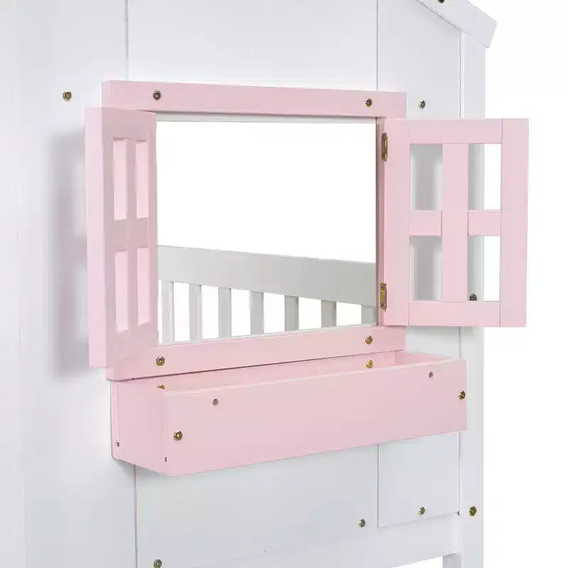 Letto a soppalco a forma di casetta doppia per bambini | Pino massiccio | Ringhiere di protezione e scaletta | Bianco | Non richiede rete a molle