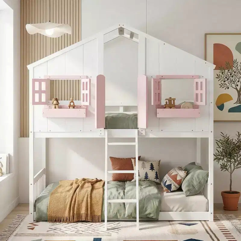Letto a soppalco a forma di casetta doppia per bambini | Pino massiccio | Ringhiere di protezione e scaletta | Bianco | Non richiede rete a molle