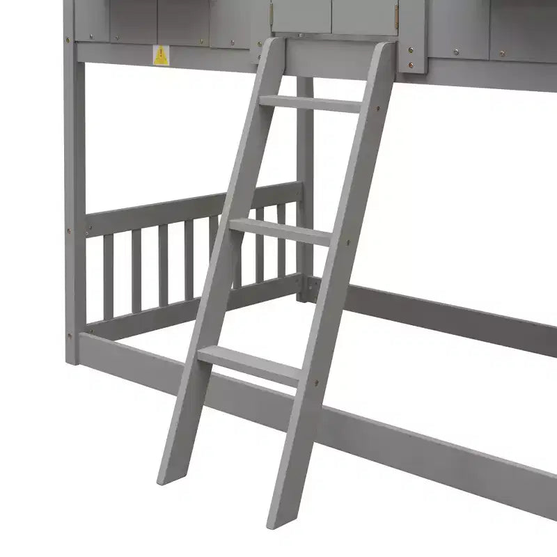 Letto a soppalco a forma di casetta doppia per bambini | Pino massiccio | Ringhiere di protezione e scaletta | Bianco | Non richiede rete a molle