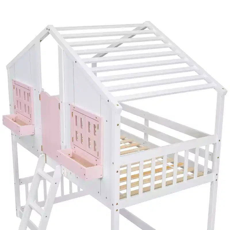 Letto a soppalco a forma di casetta doppia per bambini | Pino massiccio | Ringhiere di protezione e scaletta | Bianco | Non richiede rete a molle