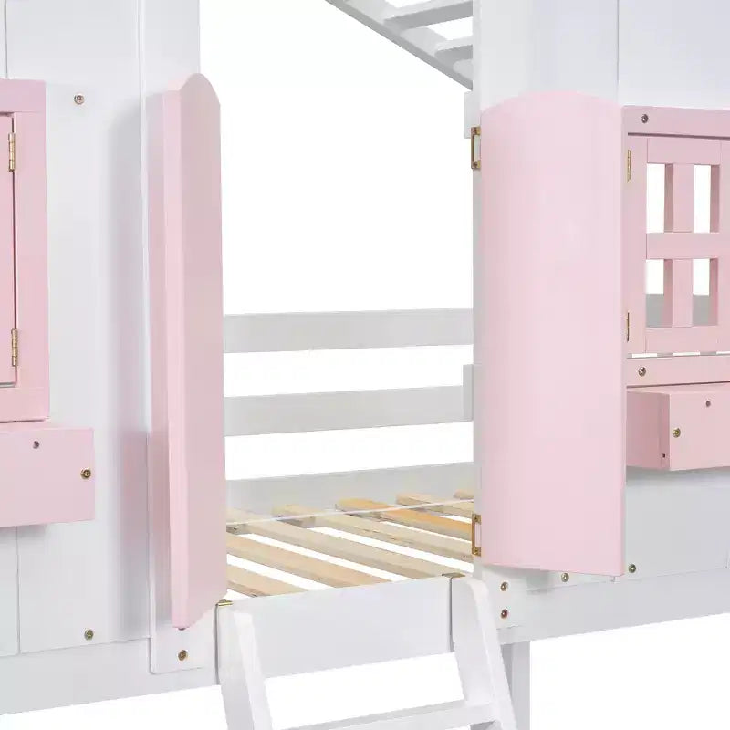 Letto a soppalco a forma di casetta doppia per bambini | Pino massiccio | Ringhiere di protezione e scaletta | Bianco | Non richiede rete a molle