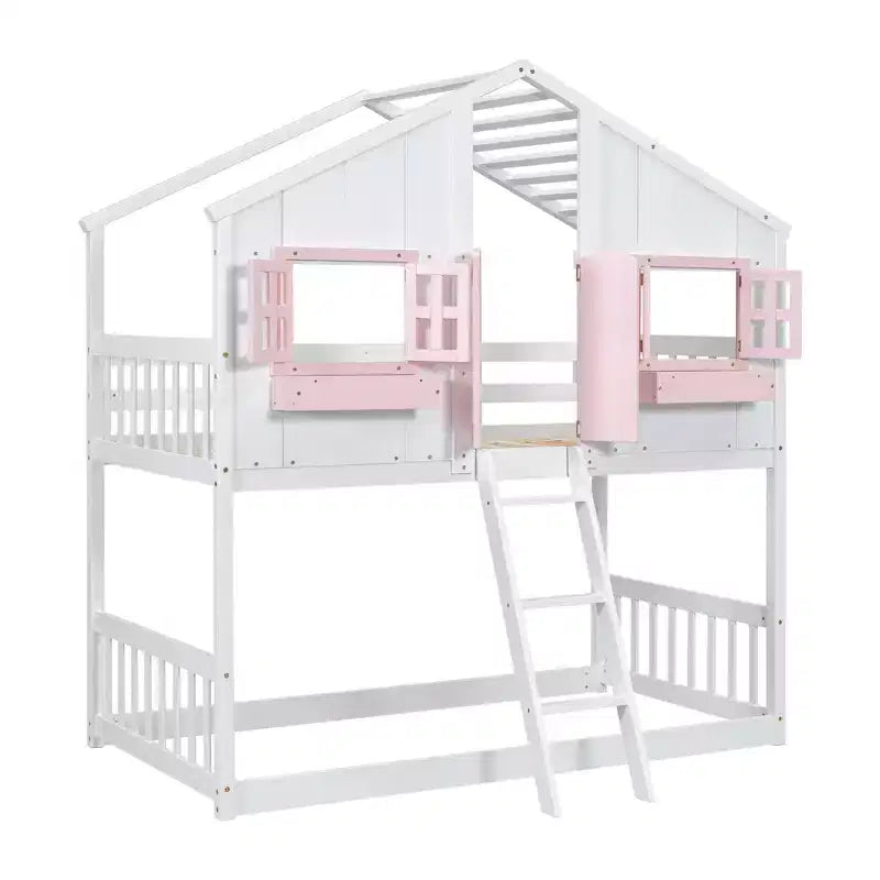 Letto a soppalco a forma di casetta doppia per bambini | Pino massiccio | Ringhiere di protezione e scaletta | Bianco | Non richiede rete a molle