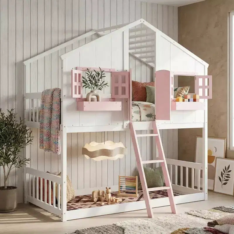Letto a soppalco a forma di casetta doppia per bambini | Pino massiccio | Ringhiere di protezione e scaletta | Bianco | Non richiede rete a molle