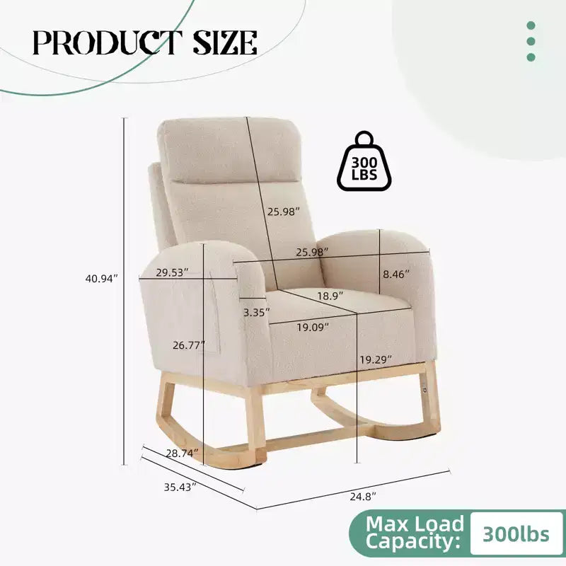 Moderna sedia a dondolo imbottita con schienale alto e poggiatesta, poltrona accentata con alette e tasche laterali e gambe in legno per cameretta, salotto