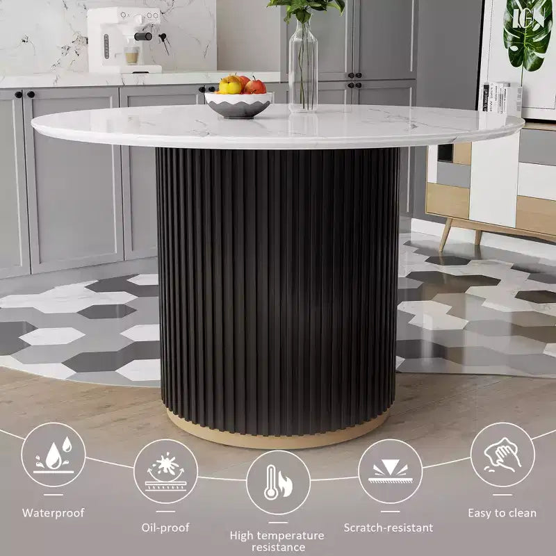 Tavolo da pranzo moderno rotondo da 46 pollici in finto marmo | Base scanalata in metallo nero | Posti a sedere per 4-6 persone