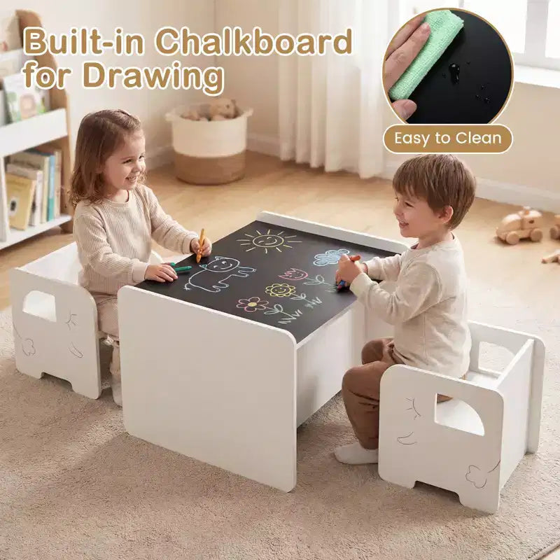 Set tavolo e sedie per bambini 3 pezzi | Superficie lavagna | Salvaspazio | Età 3+ | MDF
