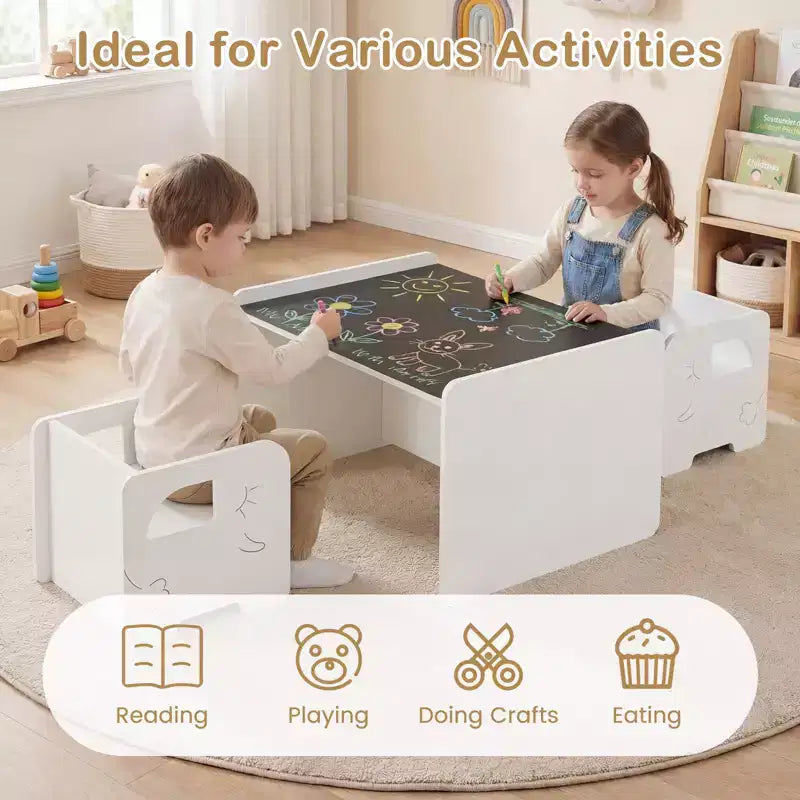 Set tavolo e sedie per bambini 3 pezzi | Superficie lavagna | Salvaspazio | Età 3+ | MDF