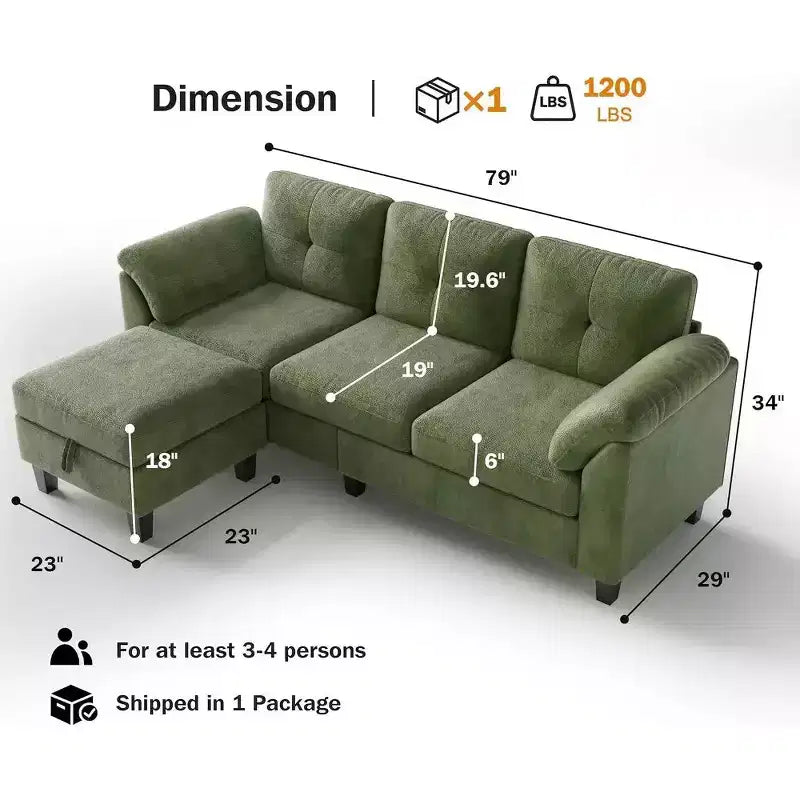 Divano sezionale a L in ciniglia da 79 pollici | Pouf contenitore | Cuscini per braccioli | 4 posti | Grigio