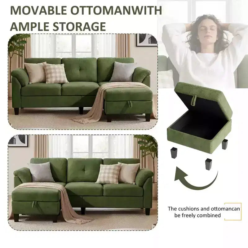 Divano sezionale a L in ciniglia da 79 pollici | Pouf contenitore | Cuscini per braccioli | 4 posti | Grigio