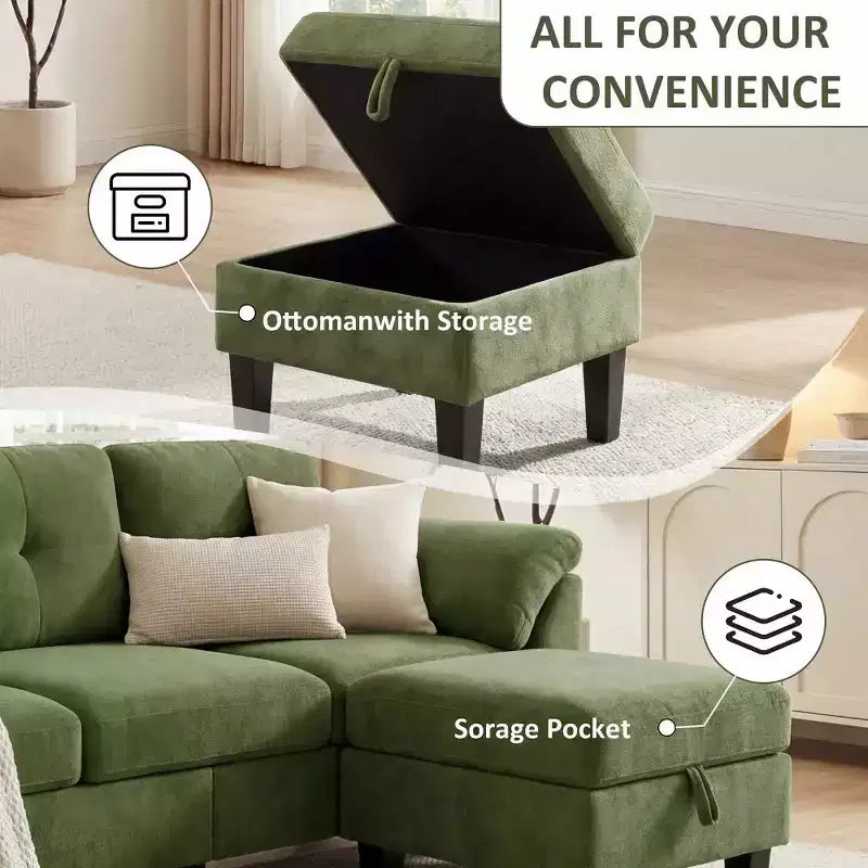 Divano sezionale a L in ciniglia da 79 pollici | Pouf contenitore | Cuscini per braccioli | 4 posti | Grigio