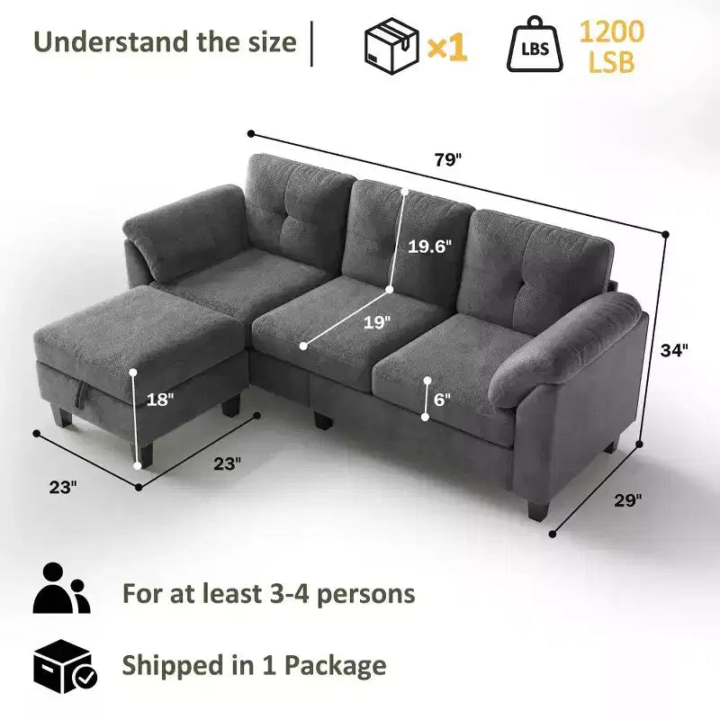 Divano sezionale a L in ciniglia da 79 pollici | Pouf contenitore | Cuscini per braccioli | 4 posti | Grigio