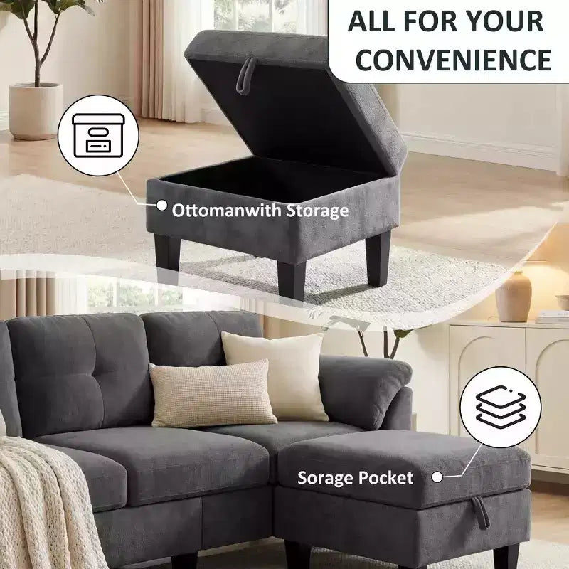 Divano sezionale a L in ciniglia da 79 pollici | Pouf contenitore | Cuscini per braccioli | 4 posti | Grigio