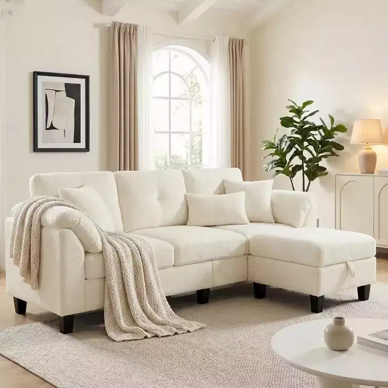 Divano sezionale a L in ciniglia da 79 pollici | Pouf contenitore | Cuscini per braccioli | 4 posti | Grigio