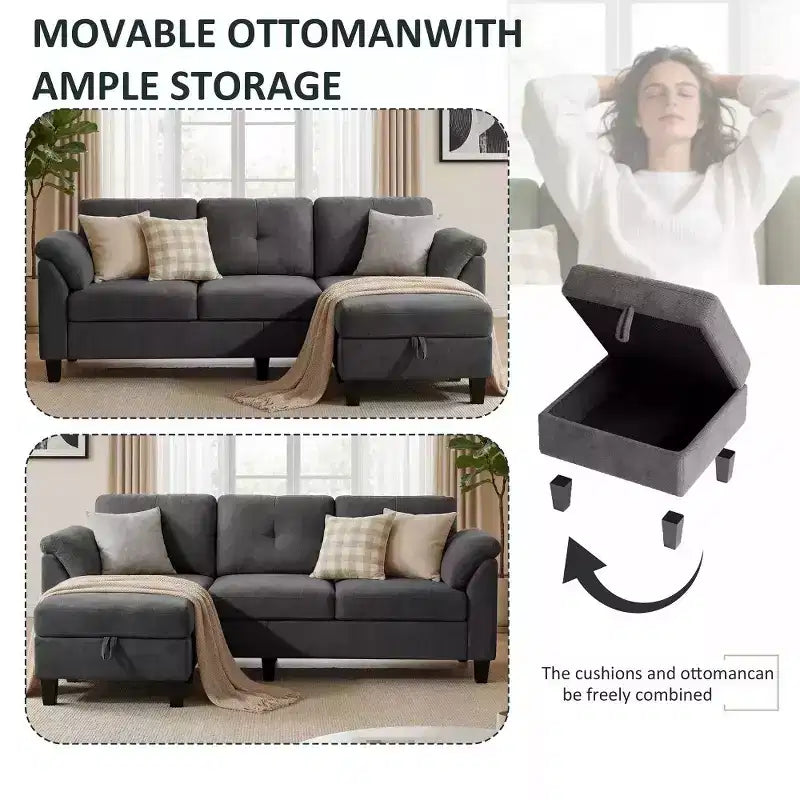 Divano sezionale a L in ciniglia da 79 pollici | Pouf contenitore | Cuscini per braccioli | 4 posti | Grigio