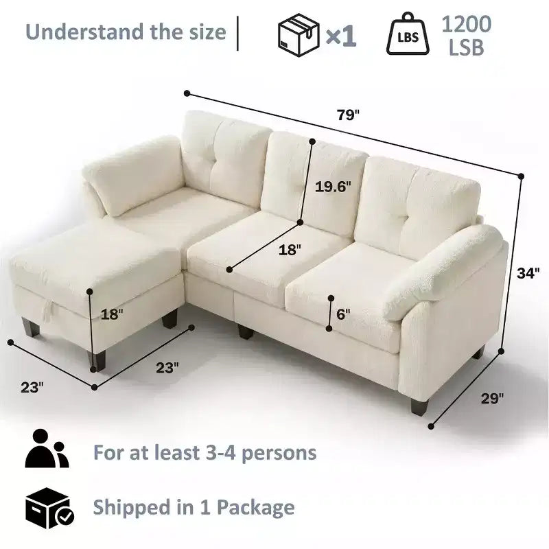 Divano sezionale a L in ciniglia da 79 pollici | Pouf contenitore | Cuscini per braccioli | 4 posti | Grigio