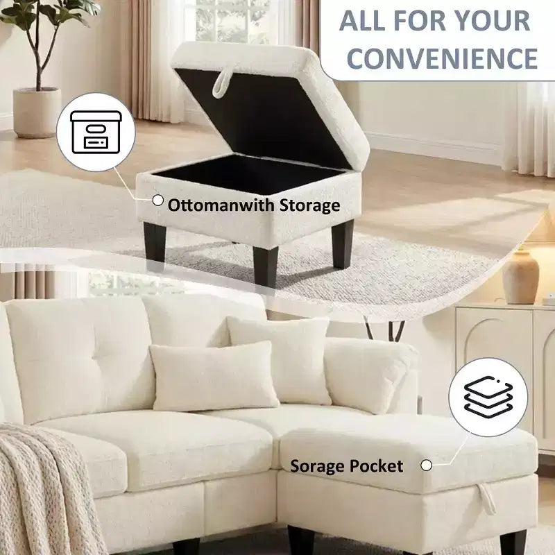 Divano sezionale a L in ciniglia da 79 pollici | Pouf contenitore | Cuscini per braccioli | 4 posti | Grigio