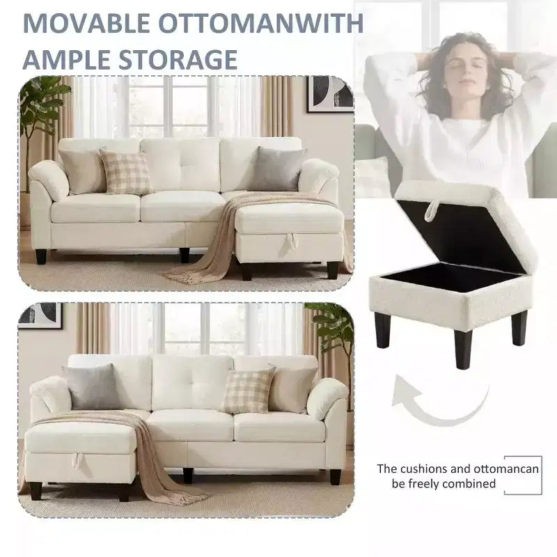 Divano sezionale a L in ciniglia da 79 pollici | Pouf contenitore | Cuscini per braccioli | 4 posti | Grigio