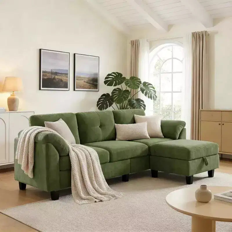 Divano sezionale a L in ciniglia da 79 pollici | Pouf contenitore | Cuscini per braccioli | 4 posti | Grigio