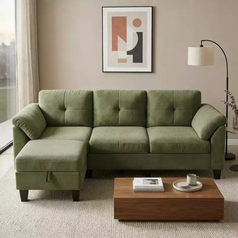 Divano sezionale a L in ciniglia da 79 pollici | Pouf contenitore | Cuscini per braccioli | 4 posti | Grigio