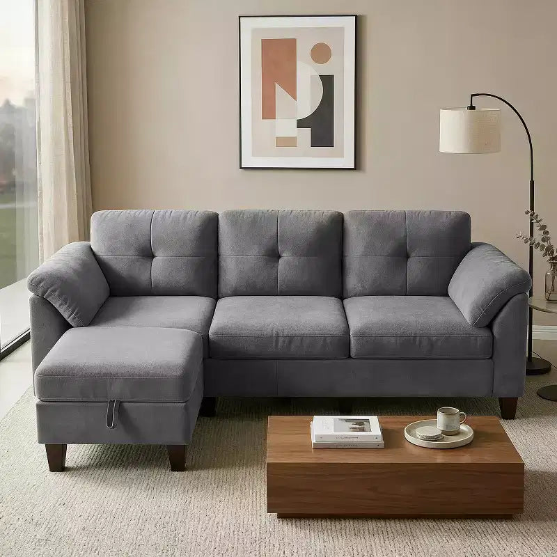 Divano sezionale a L in ciniglia da 79 pollici | Pouf contenitore | Cuscini per braccioli | 4 posti | Grigio