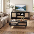 Living Room Table Sets of 2, Includes 47 Rattan TV Stand Storage Cabinet for 55 TV, Farmhouse Coffee Table with Storage Shelf for Bedroom