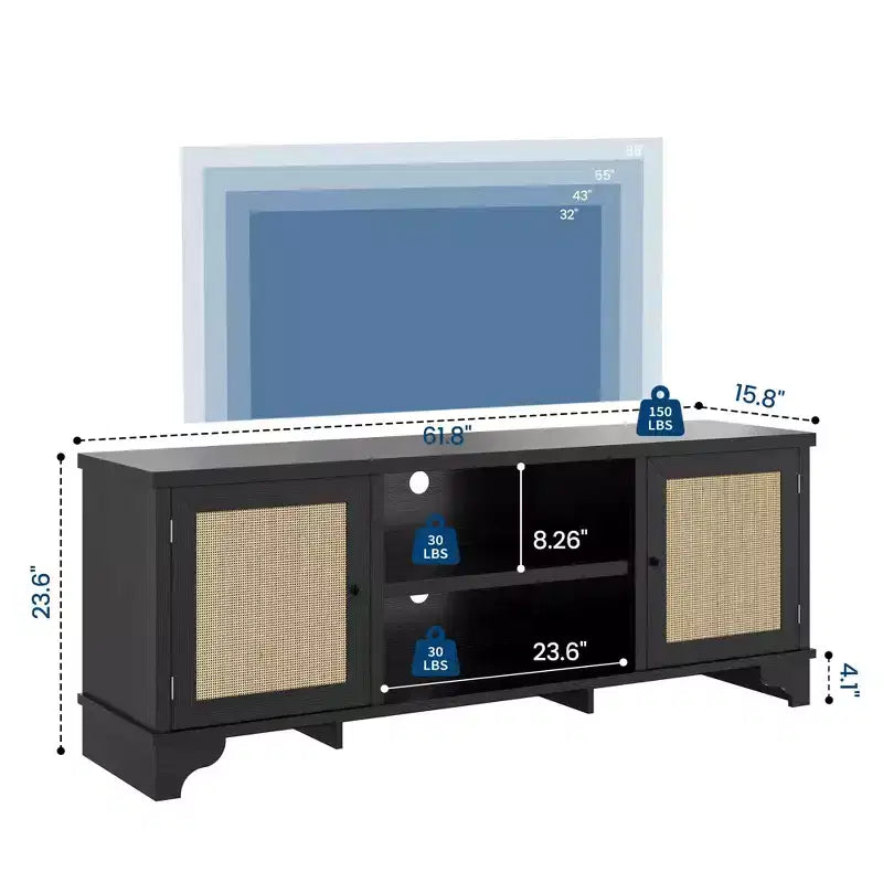Set da 2 Tavolini da Soggiorno | Mobile TV in Rattan da 47 Pollici + Tavolino da Caffè Stile Rustico | Anta Scorrevole