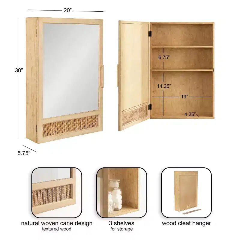 Specchiera pensile in rattan | 3 ripiani | Chiusura magnetica | 20x30 pollici