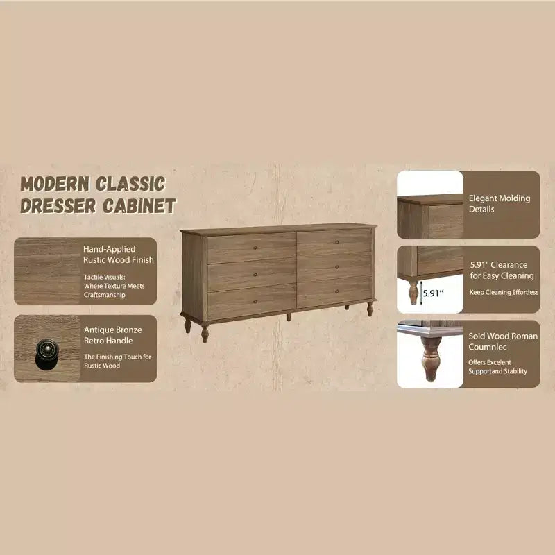 Mobile contenitore moderno da 160 cm | 6 cassetti | Guide con chiusura ammortizzata | Maniglie in metallo color rame