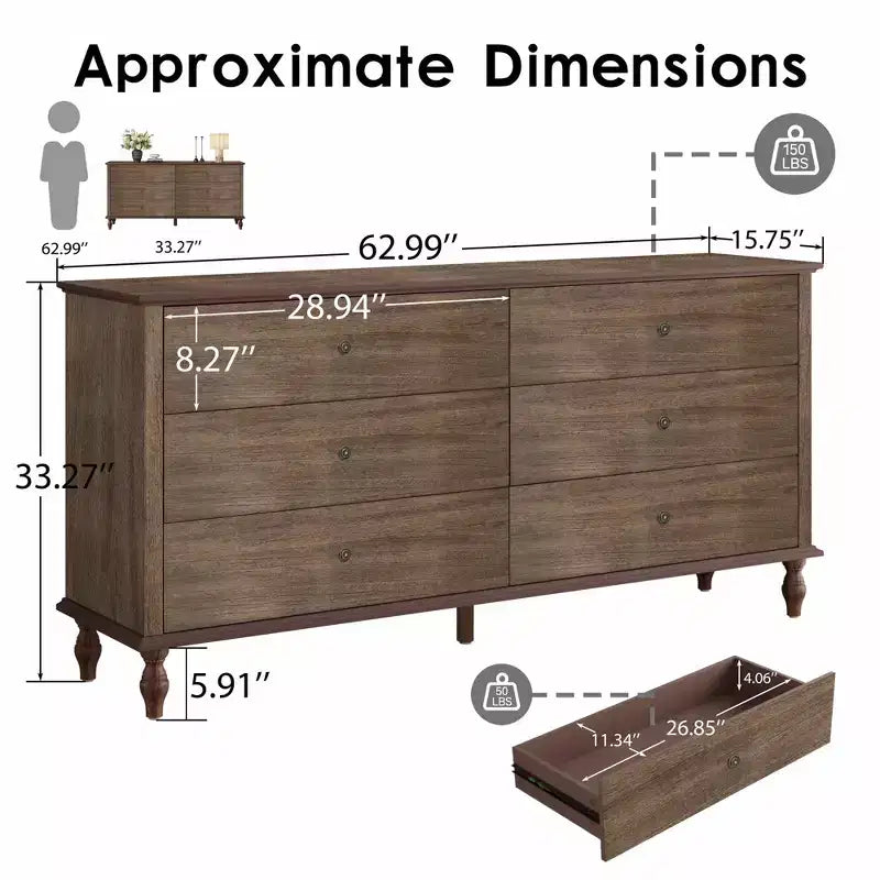Mobile contenitore moderno da 160 cm | 6 cassetti | Guide con chiusura ammortizzata | Maniglie in metallo color rame