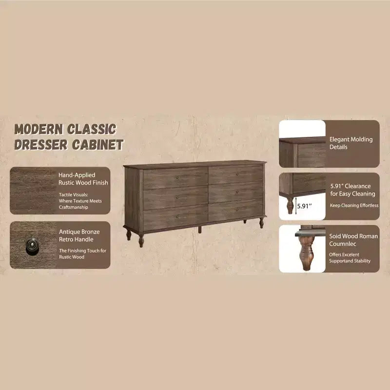 Mobile contenitore moderno da 160 cm | 6 cassetti | Guide con chiusura ammortizzata | Maniglie in metallo color rame