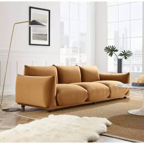 Divano in velluto performante da 100 pollici | Imbottito eccessivamente | Gambe in legno di gomma | Capacità 993 libbre | Cognac