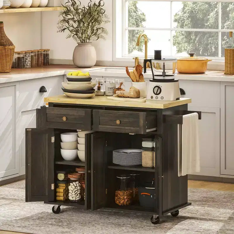 Isola da Cucina con Ruote | Piano in Legno di Gomma | Porta Spezie | Cassetti | 111.1 cm L