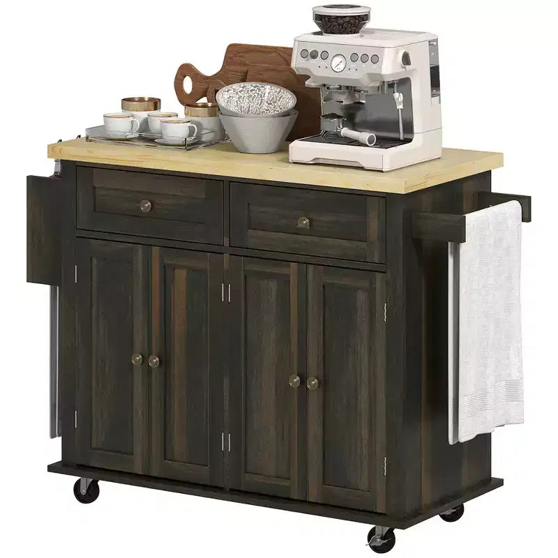 Isola da Cucina con Ruote | Piano in Legno di Gomma | Porta Spezie | Cassetti | 111.1 cm L