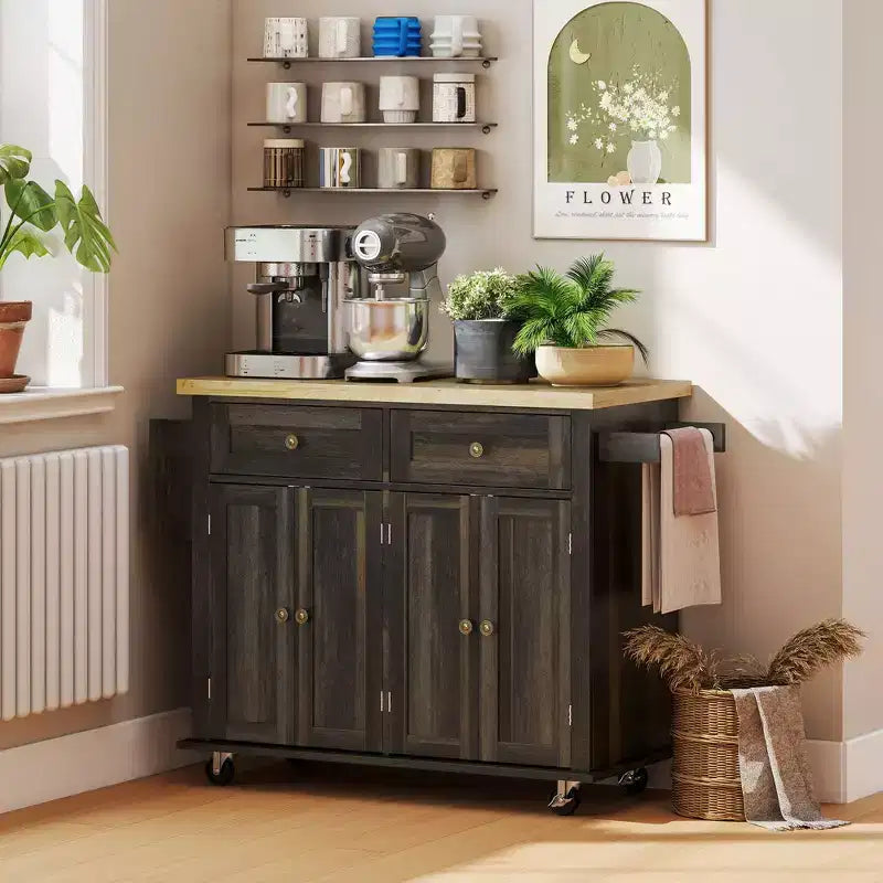 Isola da Cucina con Ruote | Piano in Legno di Gomma | Porta Spezie | Cassetti | 111.1 cm L