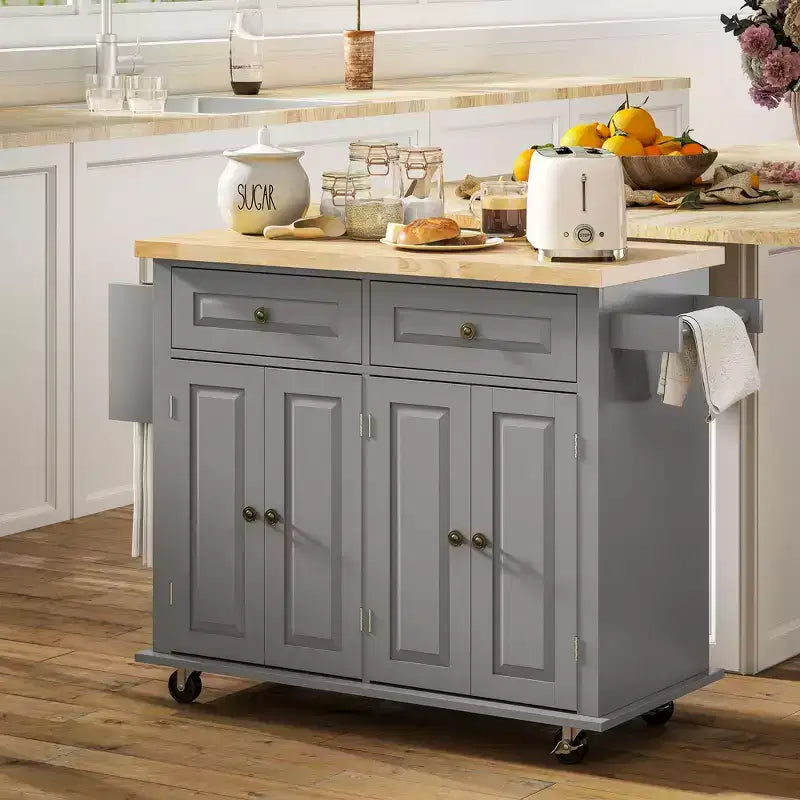 Isola da Cucina con Ruote | Piano in Legno di Gomma | Porta Spezie | Cassetti | 111.1 cm L