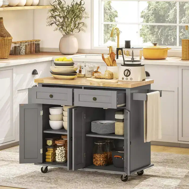 Isola da Cucina con Ruote | Piano in Legno di Gomma | Porta Spezie | Cassetti | 111.1 cm L
